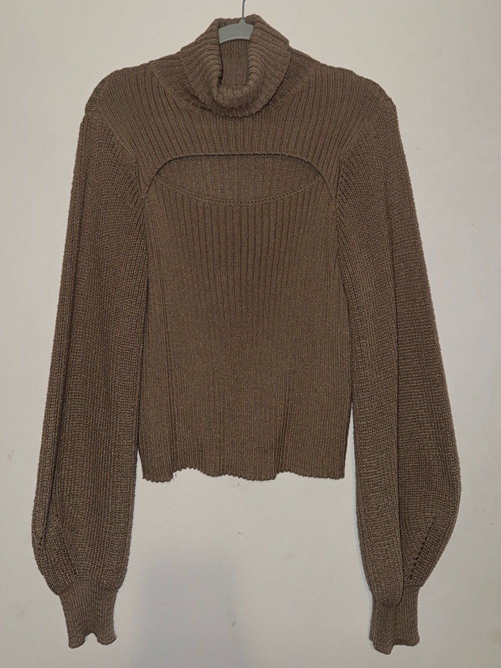 SHEIN Brown Cutout Turtleneck Sweater with Balloon Sleeves